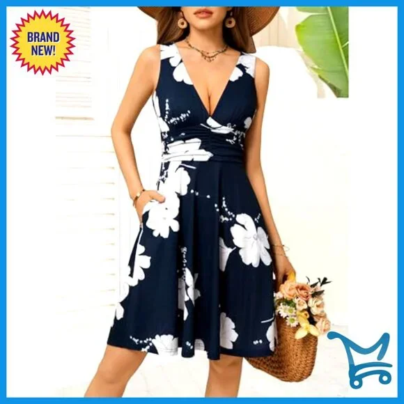 Floral Sundress Sleeveless V Neck Flowy Summer Dress with Pockets Chic - Picture 3 of 7